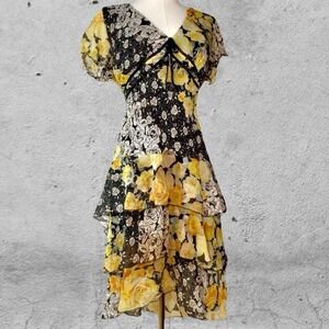 Floral tiered romantic midi dress large ruffles and roses